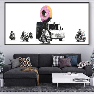 Banksy Doughnut Police Escort Easy Build Frame Posters, Prints, & Visual Artwork Easy Build Frame & Fabric Print / 40 x 20in Clock Canvas