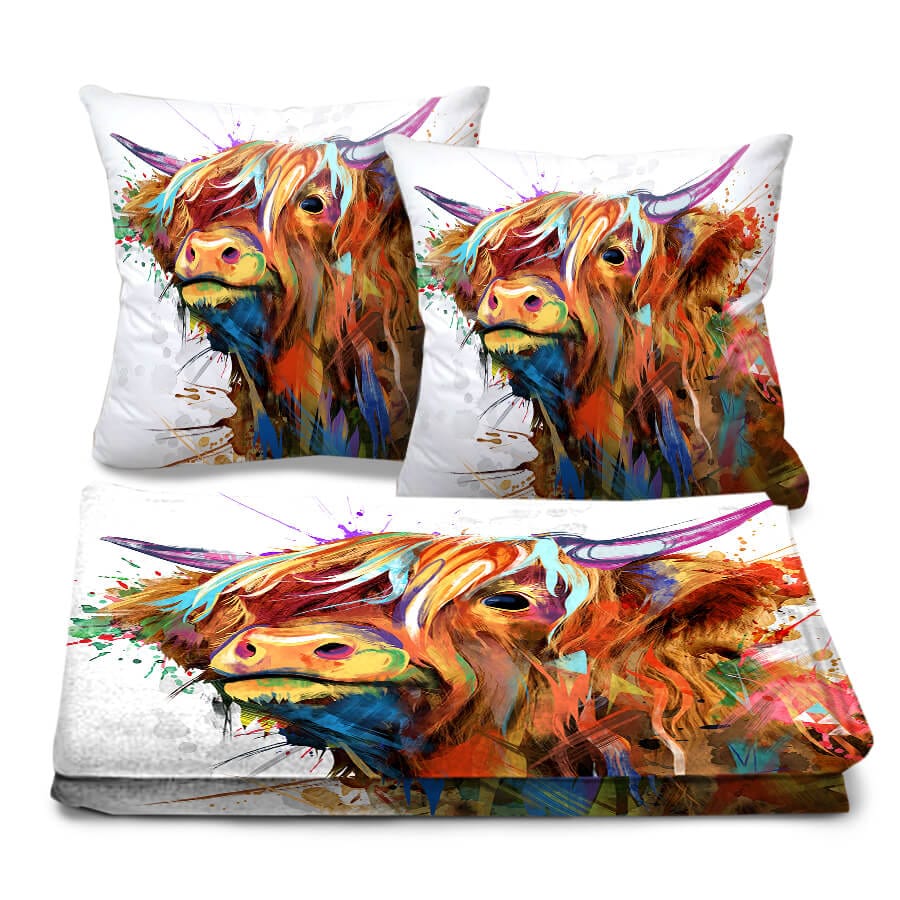 Highland Cow of Colors Dream Home Bundle Bundle 2 Cushions & 1 Blanket Clock Canvas