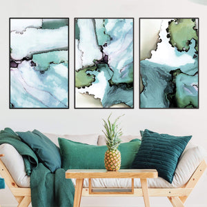 Abstract Verte Canvas Art Set of 3 / 40 x 60cm / Unframed Canvas Print Clock Canvas