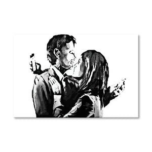 Banksy Mobile Lovers White Canvas Art Clock Canvas