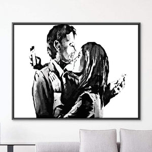 Banksy Mobile Lovers White Canvas Art Clock Canvas
