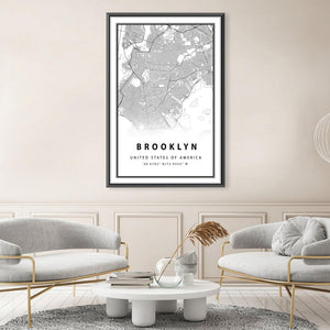 Brooklyn White Map Canvas Art Clock Canvas
