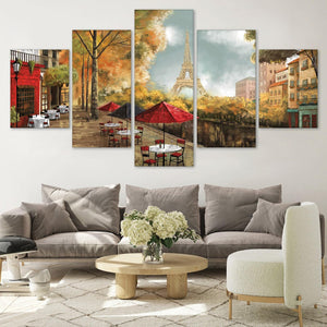Cafe Dela Tour Eiffel Canvas Art 5 Panel / Large / Standard Gallery Wrap Clock Canvas