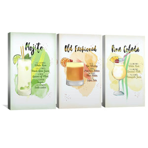 Cocktail Recipes Canvas Art Set of 3 / 30 x 45cm / Unframed Canvas Print Clock Canvas