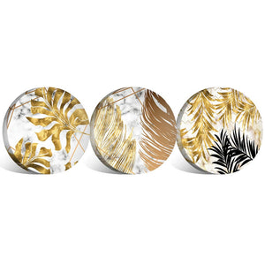 Golden Leaf - Circle Canvas Art Set of 3 / 40 x 40cm / Standard Gallery Wrap Clock Canvas
