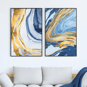 Indigo Flow Canvas Art Set of 2 / 40 x 60cm / Unframed Canvas Print Clock Canvas