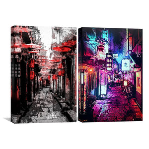 Osaka Streets Canvas Art Set of 2 / 60 x 90cm / Framed Gallery Wrap Clock Canvas