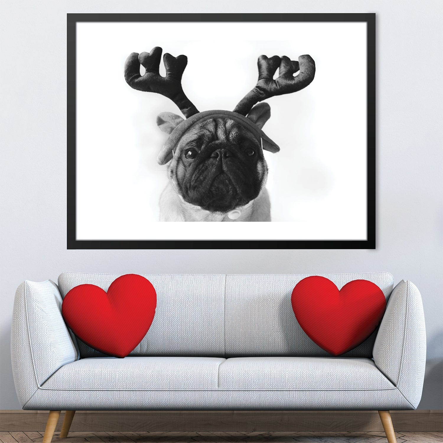 Pug Reindeer Print Art 45 x 30cm / Unframed Canvas Print Clock Canvas