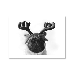 Pug Reindeer Print Art Clock Canvas