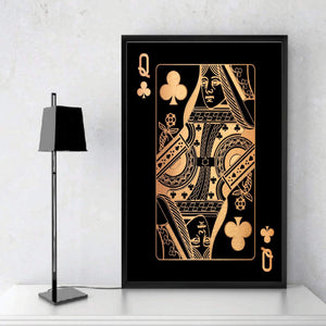 Queen of Clubs - Gold Clock Canvas
