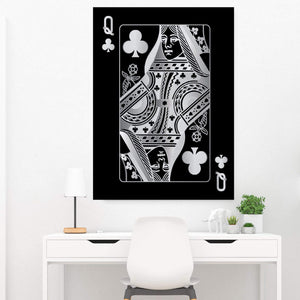 Queen of Clubs - Silver Clock Canvas
