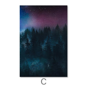 Star Sky Forest Canvas Art C / 50 x 70cm / Framed Gallery Wrap Clock Canvas
