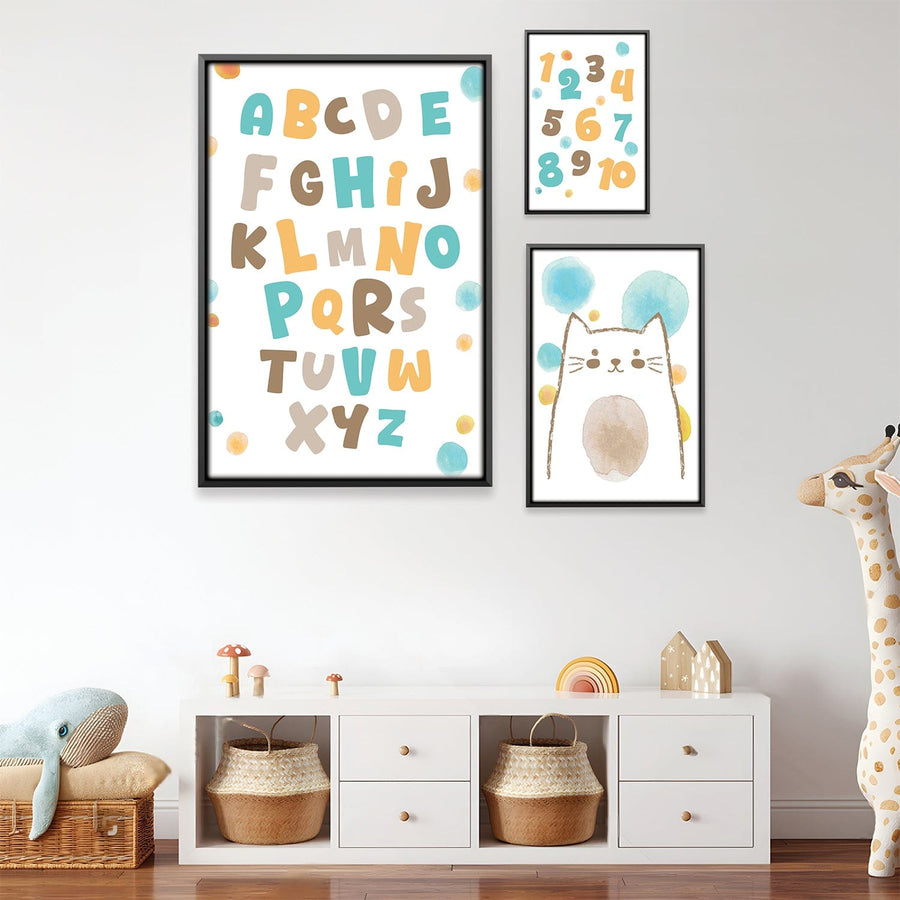 Alphabets Numbers and Whiskers Canvas Art Set of 3 / 12 x 18in / Canvas Clock Canvas