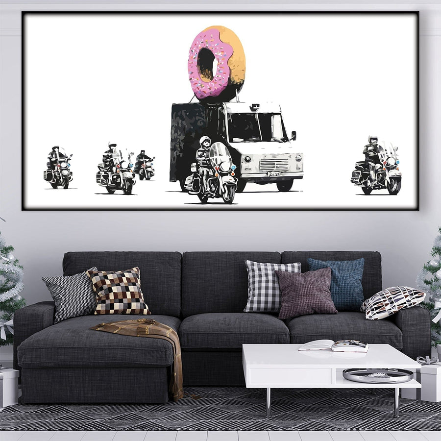 Banksy Doughnut Police Escort Easy Build Frame Posters, Prints, & Visual Artwork Easy Build Frame & Fabric Print / 40 x 20in Clock Canvas