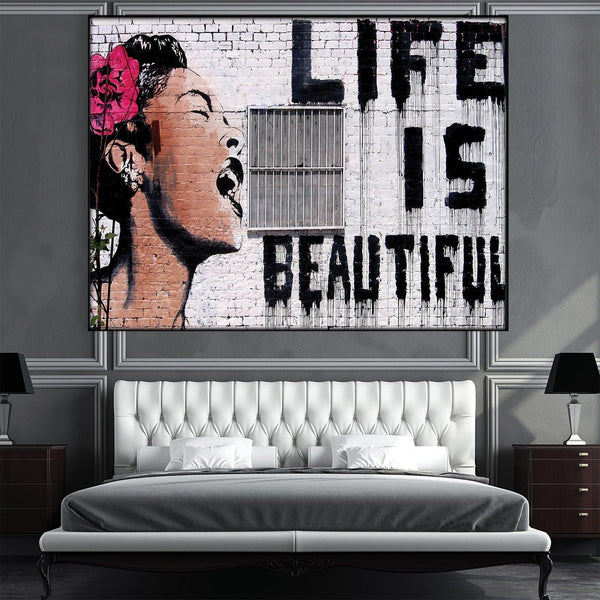 Banksy Life Is Beautiful Easy Build Frame Art Easy Build Frame & Fabric Print / 40 x 30in Clock Canvas