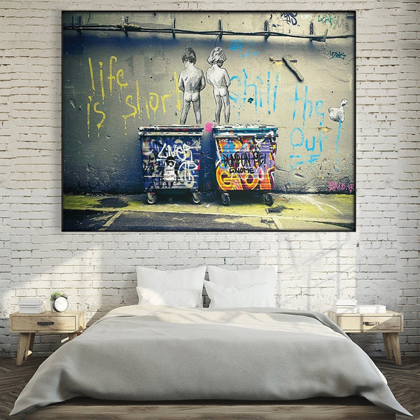 Banksy Life Is Short Easy Build Frame Art Easy Build Frame & Fabric Print / 40 x 30in Clock Canvas