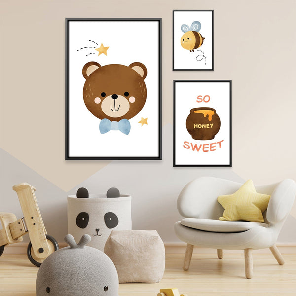 Bears and Bees Canvas Art Set of 3 / 12 x 18in / Canvas Clock Canvas