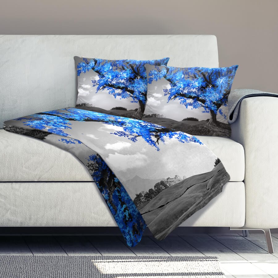 Blue Tree in the Grey Landscape Dream Home Bundle Bundle 2 Cushions & 1 Blanket Clock Canvas
