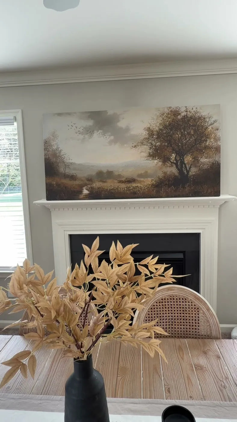 Clock Canvas autumn landscape canvas on a customer's fireplace mantel