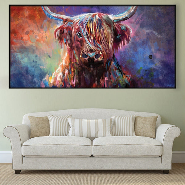 Colorful Highland Cow Easy Build Frame Posters, Prints, & Visual Artwork Easy Build Frame & Fabric Print / 40 x 20in Clock Canvas