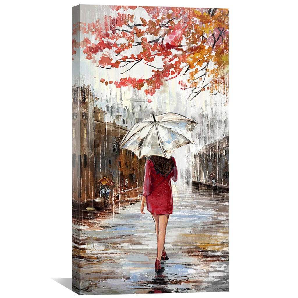 Crimson Stroll on Rainy Day Canvas | Canvas Wall Art