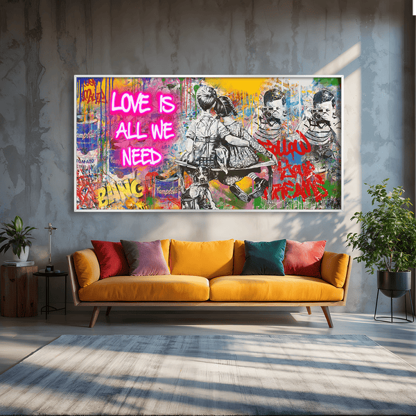 Graffiti Street Art Theater Vorhang Wir brauchen Liebe Part 3 bis 160x90 cm Kunstdruck Motiv Banksy Strassenkunst Pop Art Leinwandbilder