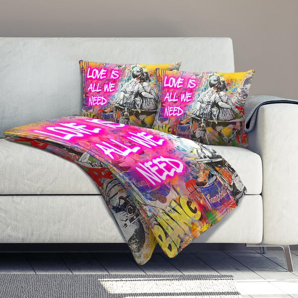 Graffiti Banksy Love Is All We Need Dream Home Bundle Bundle 2 Cushions & 1 Blanket Clock Canvas