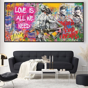 Graffiti Banksy Love Is All We Need Easy Build Frame Posters, Prints, & Visual Artwork Easy Build Frame & Fabric Print / 40 x 20in Clock Canvas