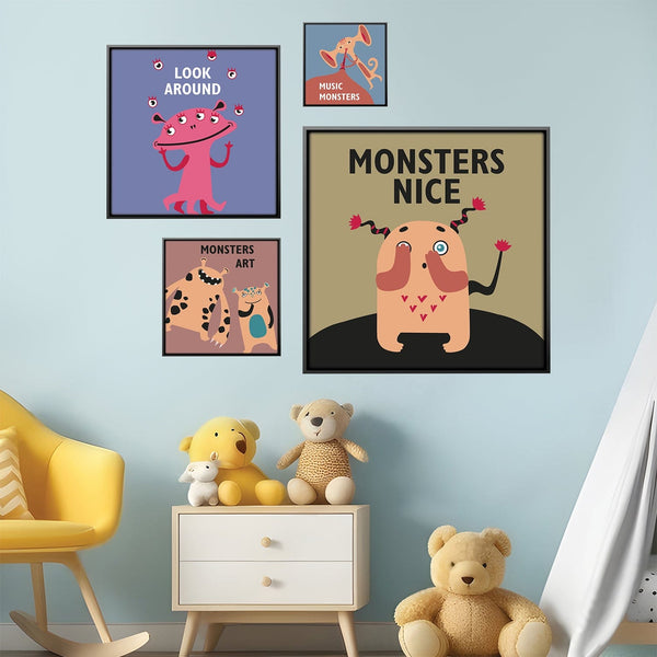 Monster Mischief Canvas Art Set of 4 / 30 x 30cm / Canvas Clock Canvas