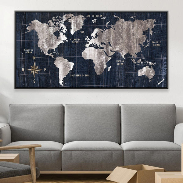 Noir Map Canvas - Single Panel Art Clock Canvas