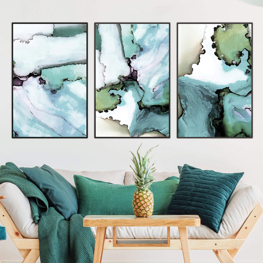 Abstract Verte Canvas Art Set of 3 / 40 x 60cm / Unframed Canvas Print Clock Canvas