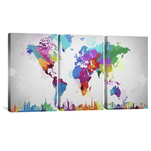 Artistic World Map Canvas Art Set of 3 / 40 x 60cm / Unframed Canvas Print Clock Canvas
