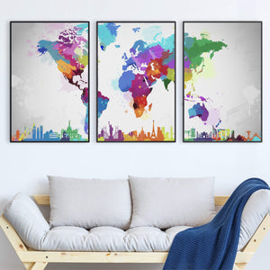 Artistic World Map Canvas Art Set of 3 / 40 x 60cm / Unframed Canvas Print Clock Canvas