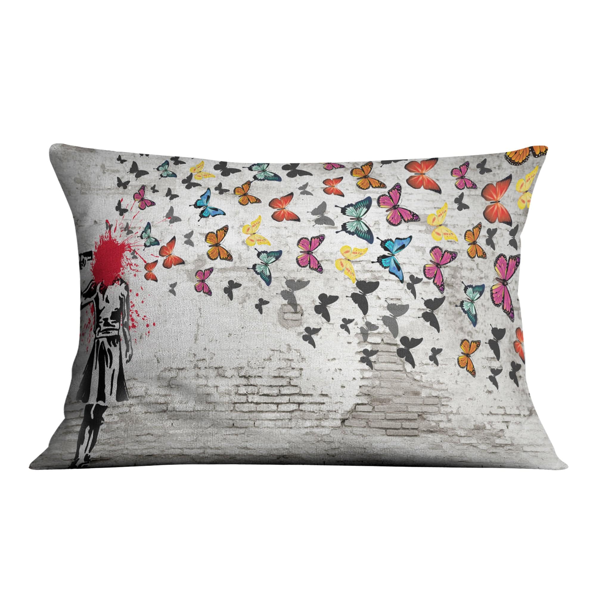 Banksy Girl Shooting Butterflies Cushion. product thumbnail