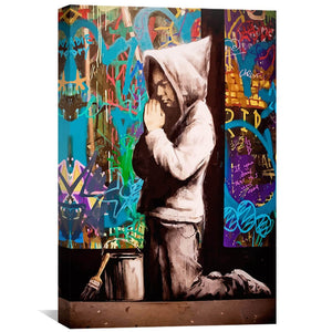 Banksy Graffiti Pray Canvas Art 30 x 45cm / Unframed Canvas Print Clock Canvas