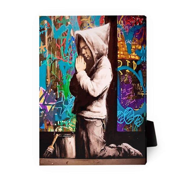 Banksy Graffiti Pray Desktop Canvas Desktop Canvas 13 x 18cm Clock Canvas