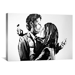 Banksy Mobile Lovers White Canvas Art Clock Canvas