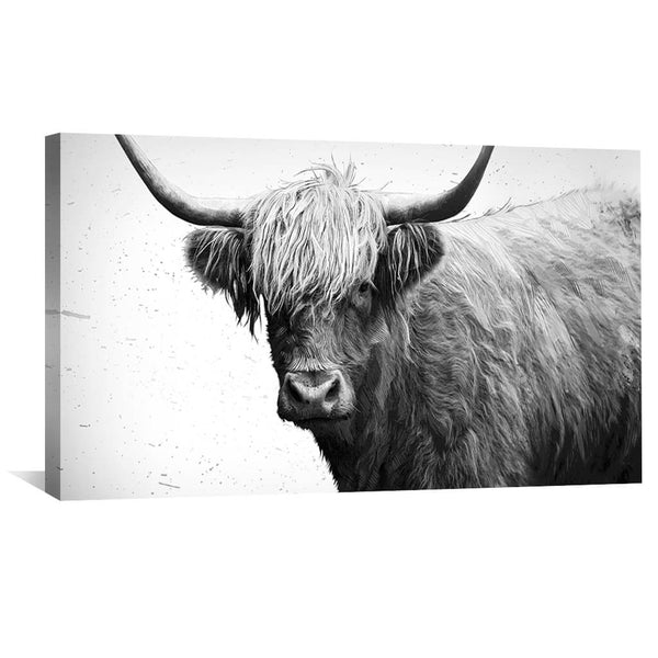 Black and White Highland Cow Canvas Art 50 x 25cm / Unframed Canvas Print Clock Canvas