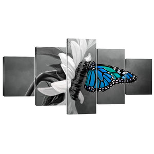 Blue Butterfly Canvas Art 5 Panel / Large / Standard Gallery Wrap Clock Canvas