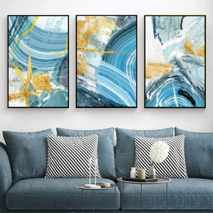 Blue Yellow Abstract Canvas Art Set of 3 / 40 x 50cm / No Board - Canvas Print Only Clock Canvas