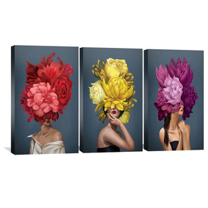 Bouquet Woman Canvas Art Set of 3 / 40 x 60cm / Unframed Canvas Print Clock Canvas