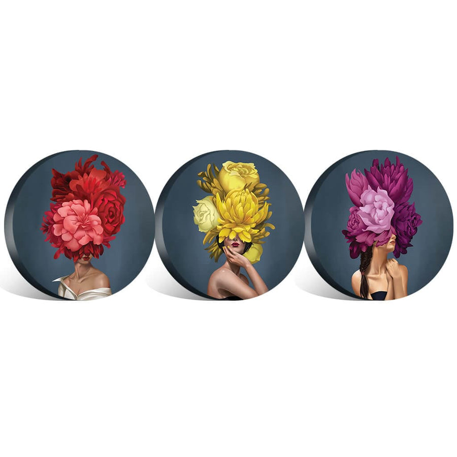 Bouquet Woman Canvas - Circle Art Set of 3 / 40 x 40cm / Standard Gallery Wrap Clock Canvas
