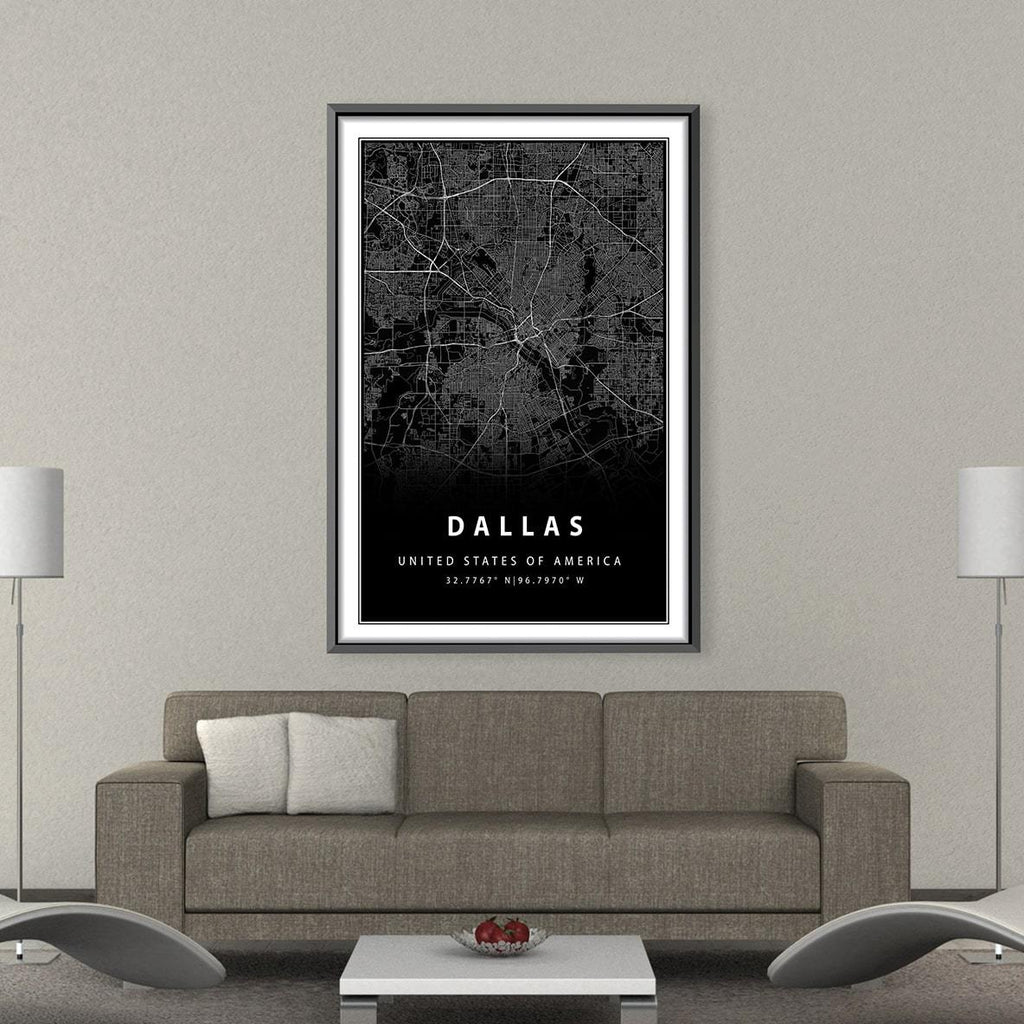 Dallas Black Map Canvas ClockCanvas