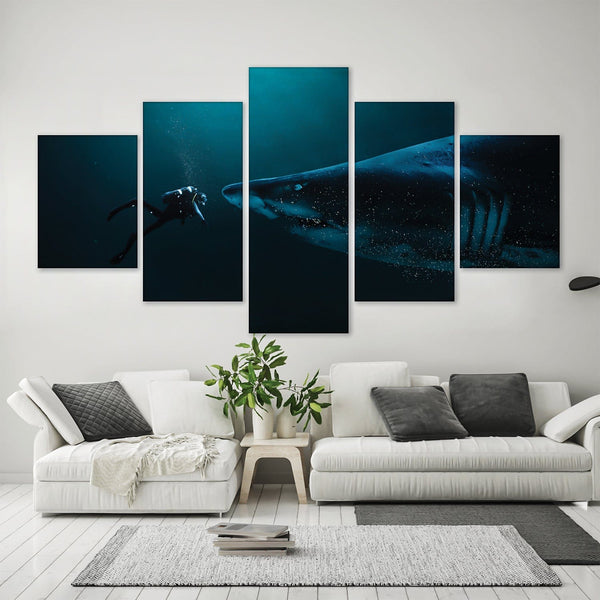 Diver and Shark Canvas - 5 Panel Art 5 Panel / Large / Standard Gallery Wrap Clock Canvas