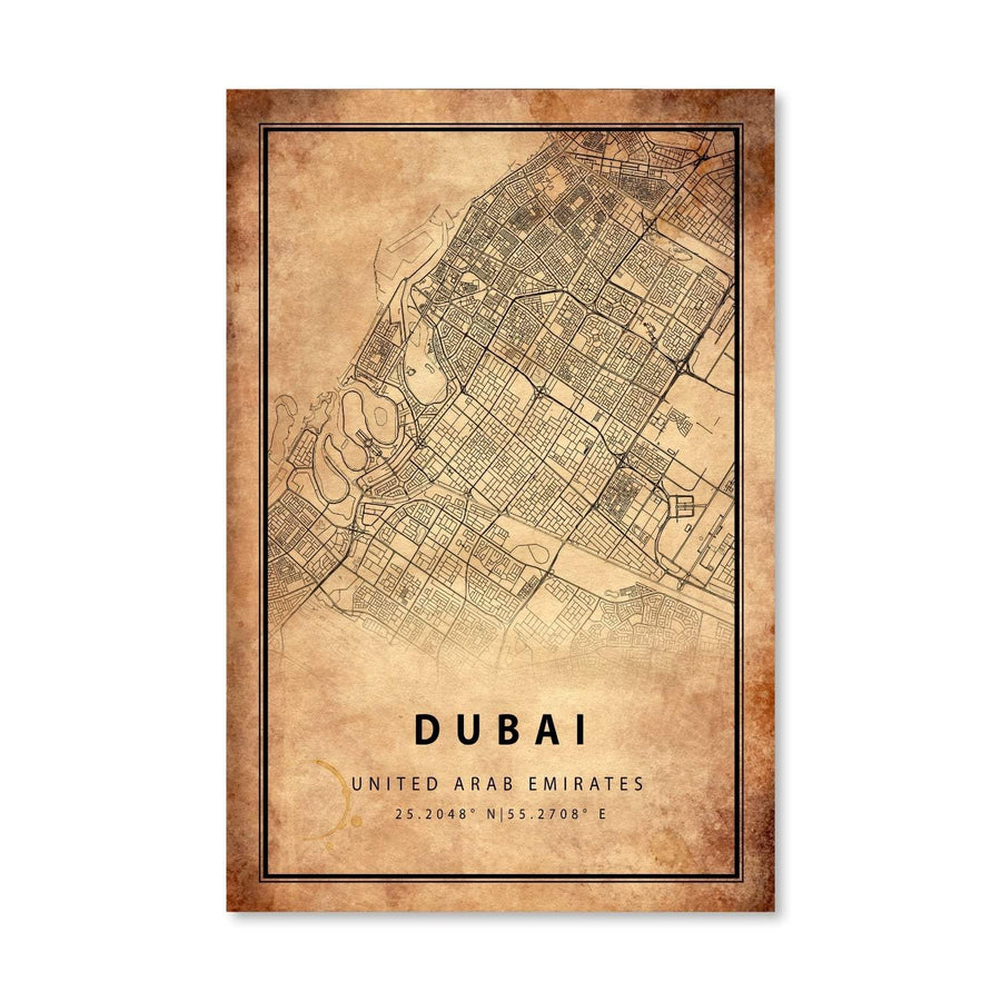 Dubai Vintage Map Canvas Art Clock Canvas