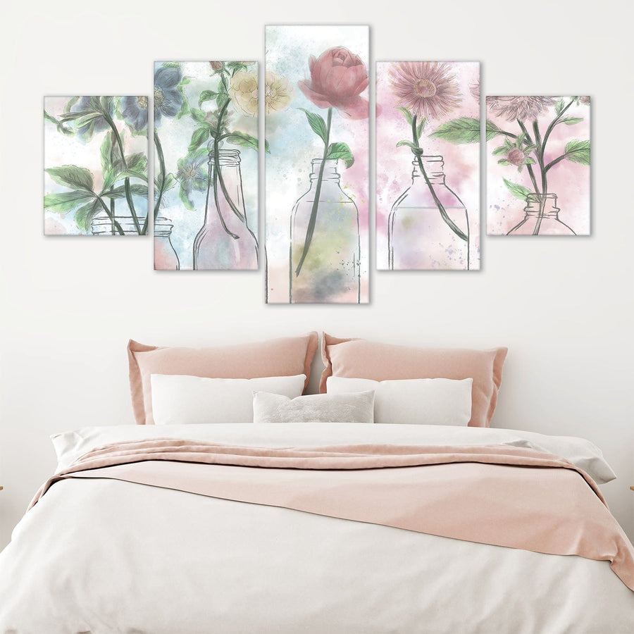 Floral Bottles Canvas - 5 Panel Art Clock Canvas