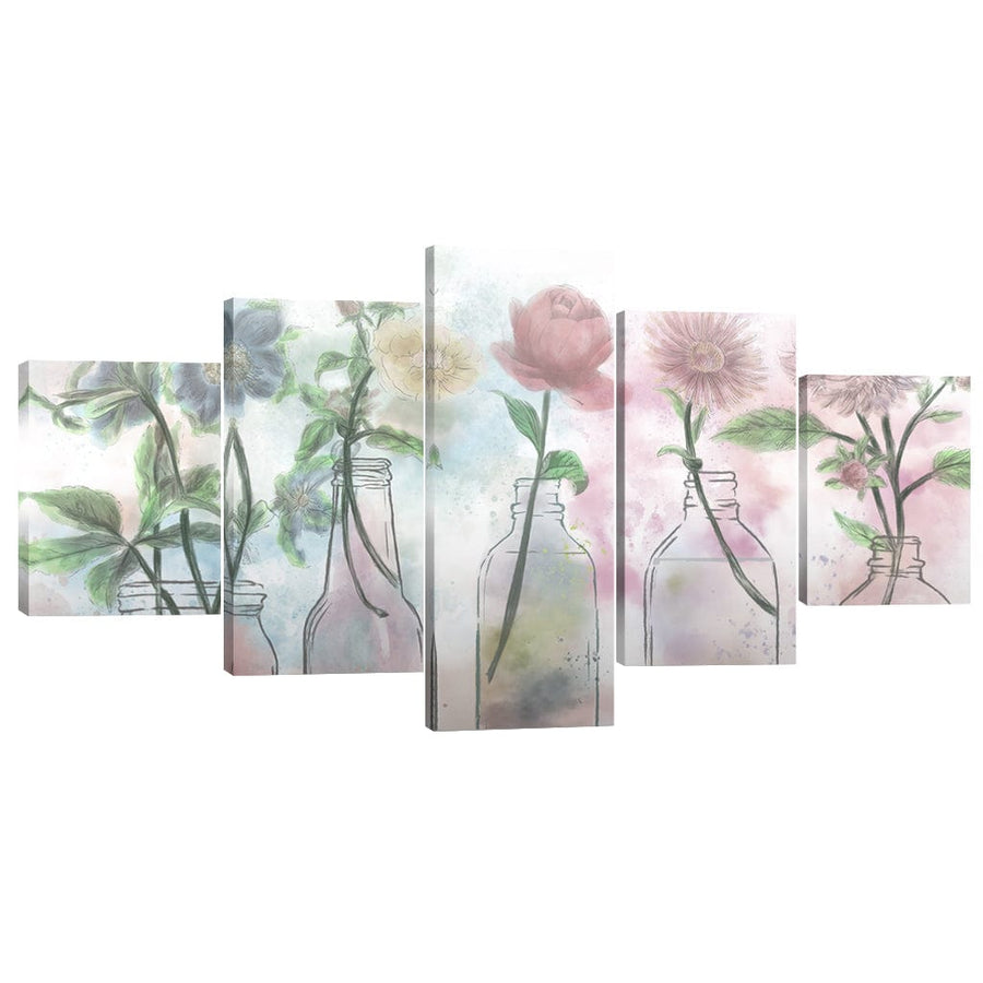 Floral Bottles Canvas - 5 Panel Art 5 Panel / Large / Standard Gallery Wrap Clock Canvas
