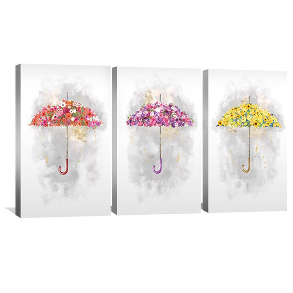 Floral Umbrellas Canvas Art Set of 3 / 30 x 45cm / Unframed Canvas Print Clock Canvas