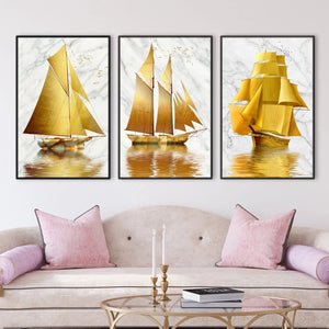 Golden Boat Canvas Art Set of 3 / 40 x 50cm / No Board - Canvas Print Only Clock Canvas