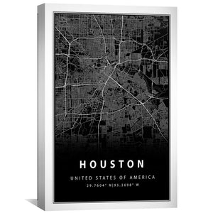 Houston Black Map Canvas Art 30 x 45cm / Unframed Canvas Print Clock Canvas